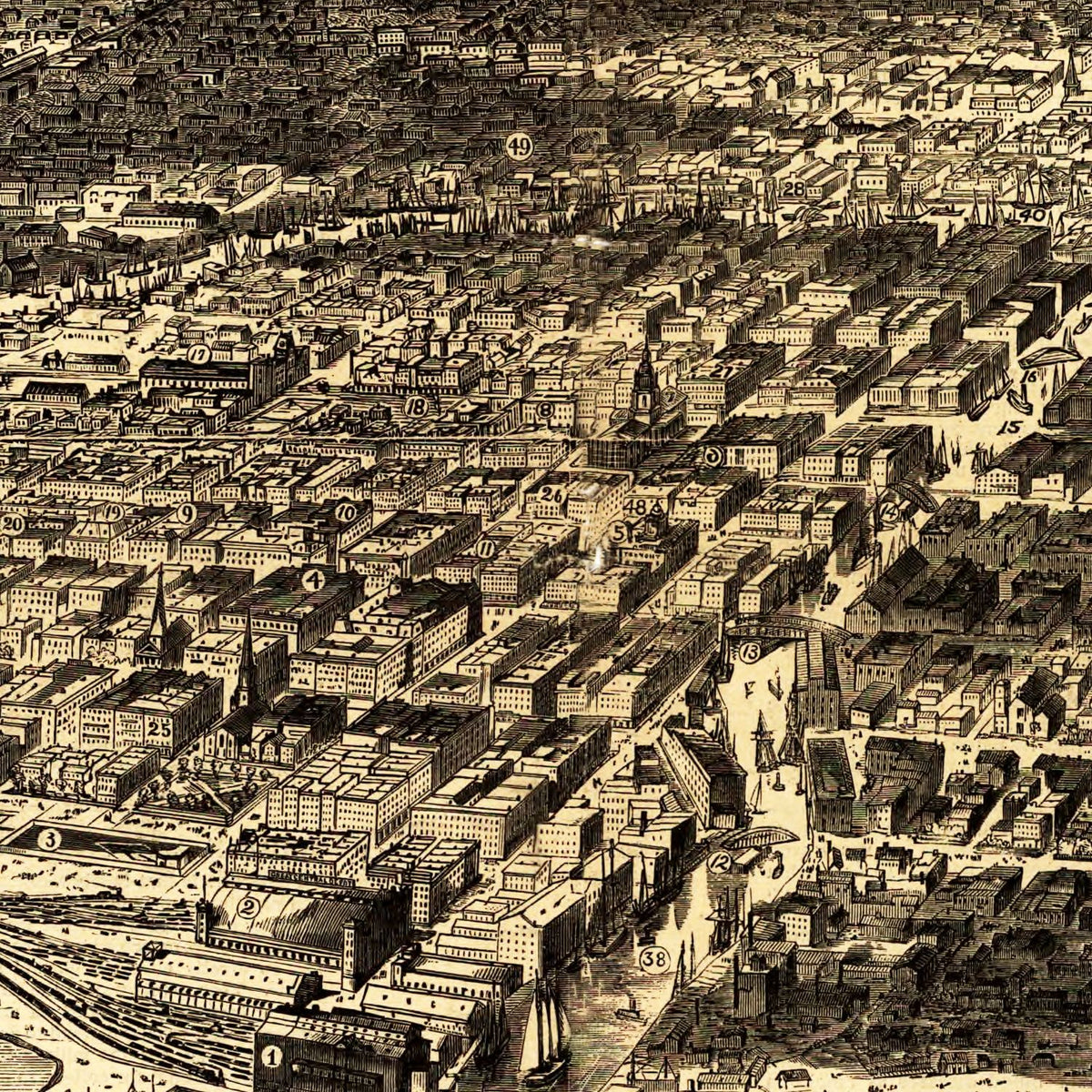 Restored historic details from the 1871 city map of Chicago, Illinois