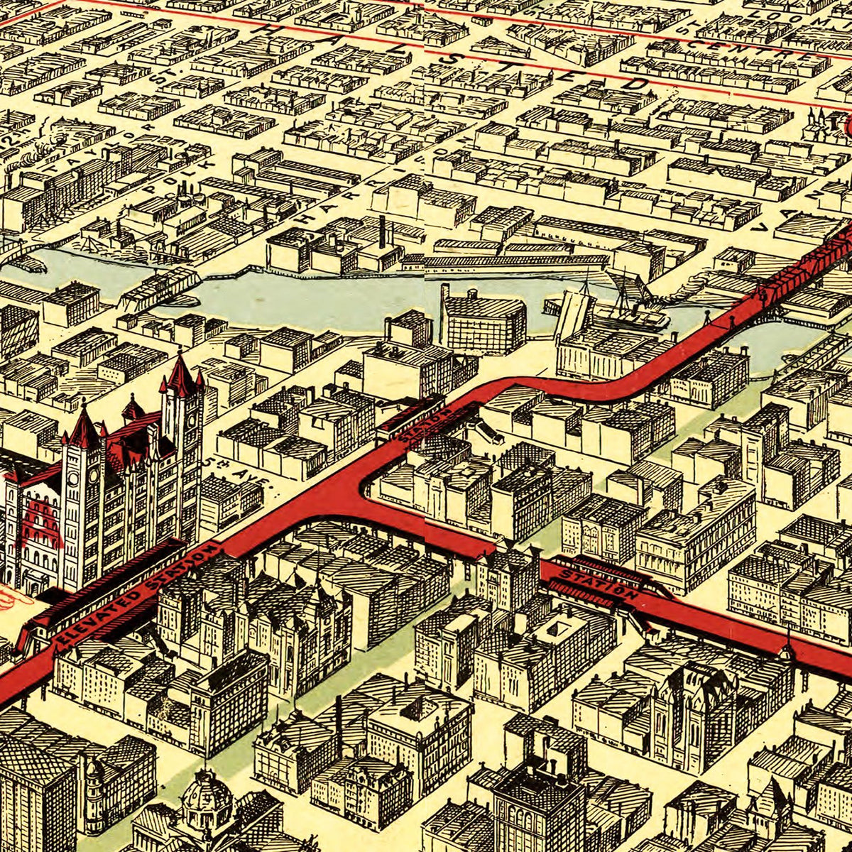 Restored historic details from the 1897 city map of Chicago, Illinois