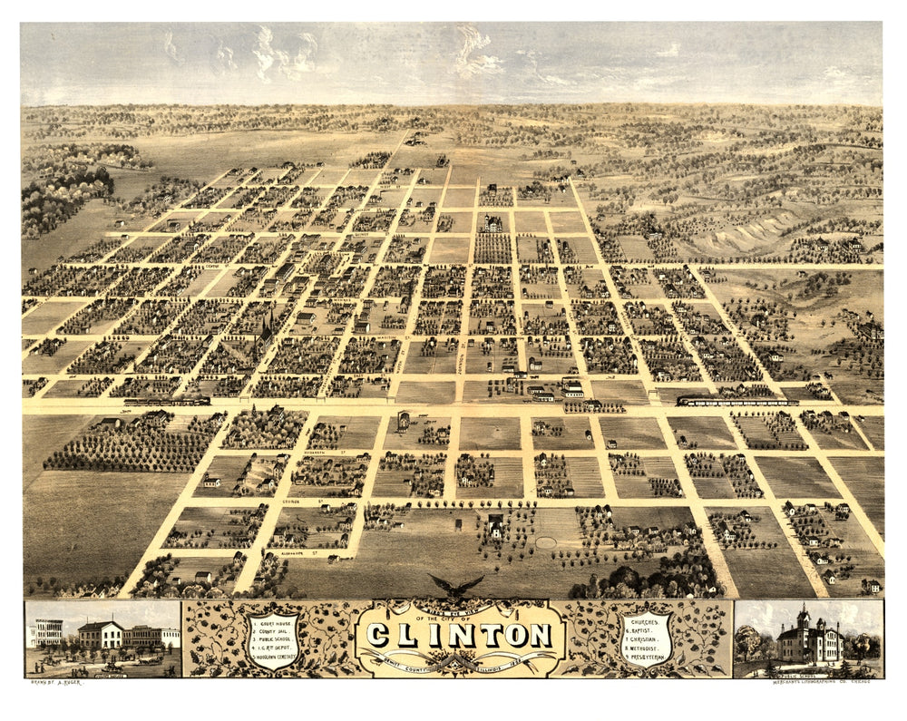 Vintage Map of Clinton, Illinois 1869 print style example