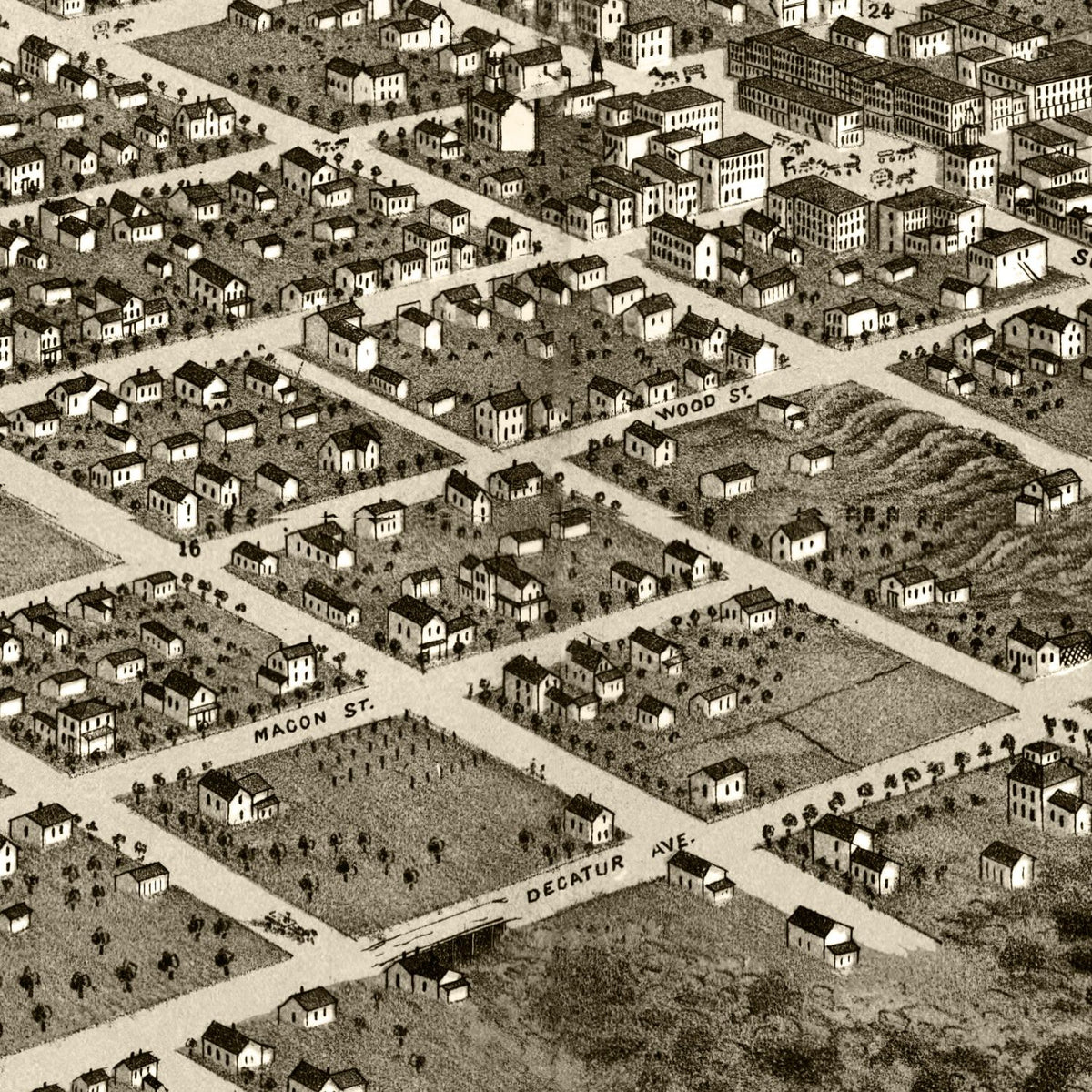 Restored historic details from the 1869 city map of Decatur, Illinois