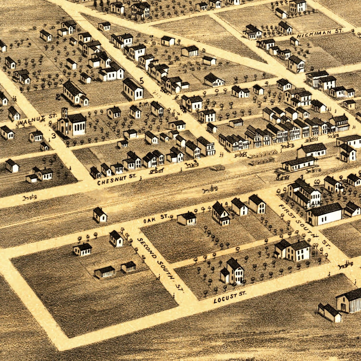 Restored historic details from the 1869 city map of Manteno, Illinois