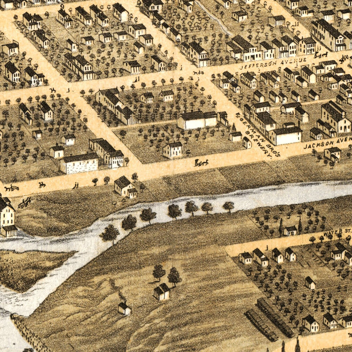 Restored historic details from the 1869 city map of Naperville, Illinois