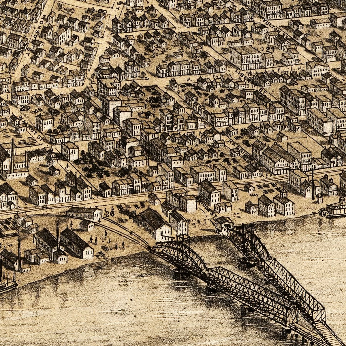 Restored historic details from the 1867 city map of Peoria, Illinois