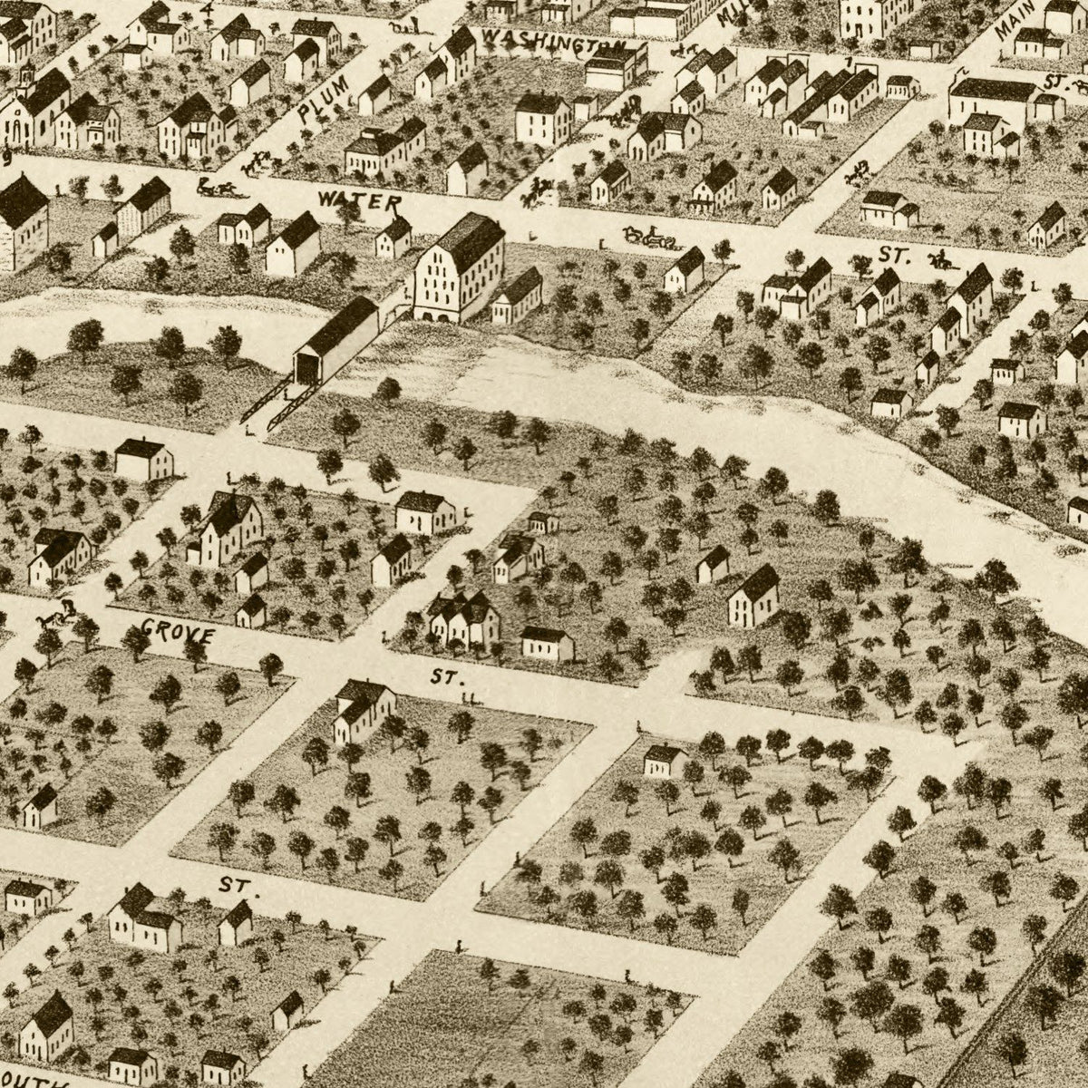 Restored historic details from the 1869 city map of Pontiac, Illinois