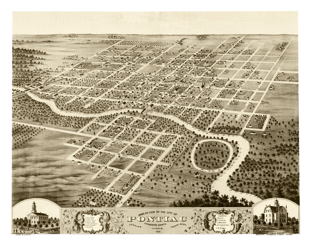 Vintage Map of Pontiac, Illinois 1869 print style example