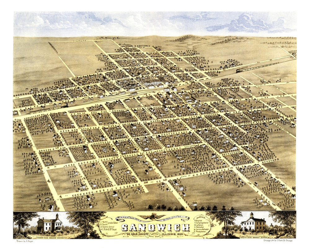 Vintage Map of Sandwich, Illinois 1869 print style example