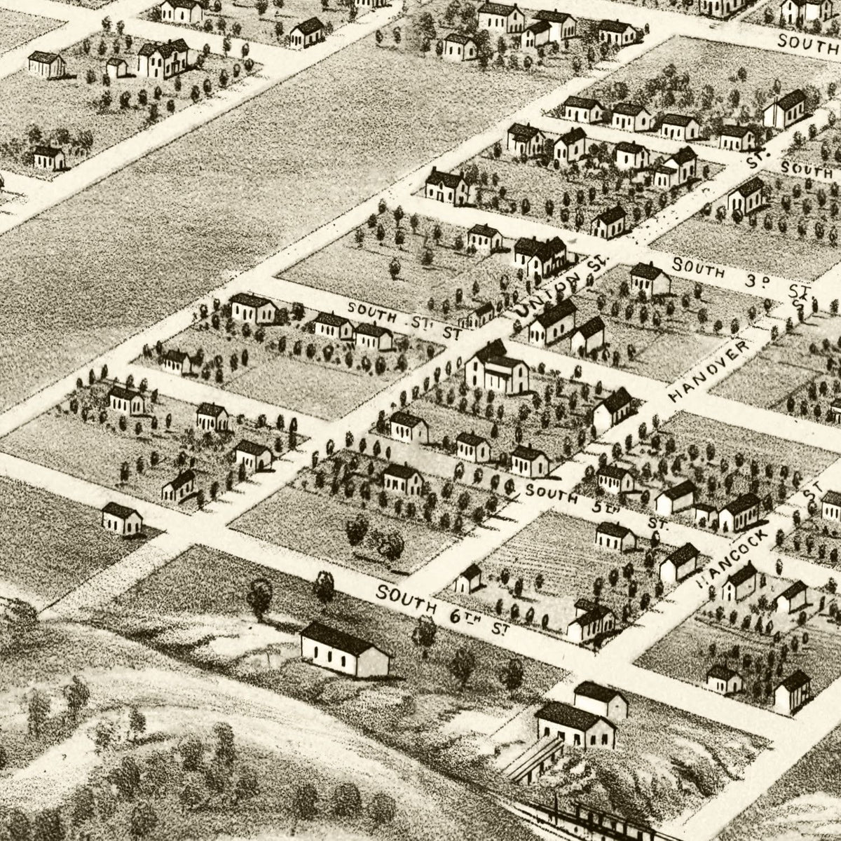 Restored historic details from the 1869 city map of Shelbyville, Illinois