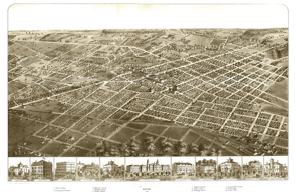 Vintage Map of Adrian, Michigan 1866 print style example