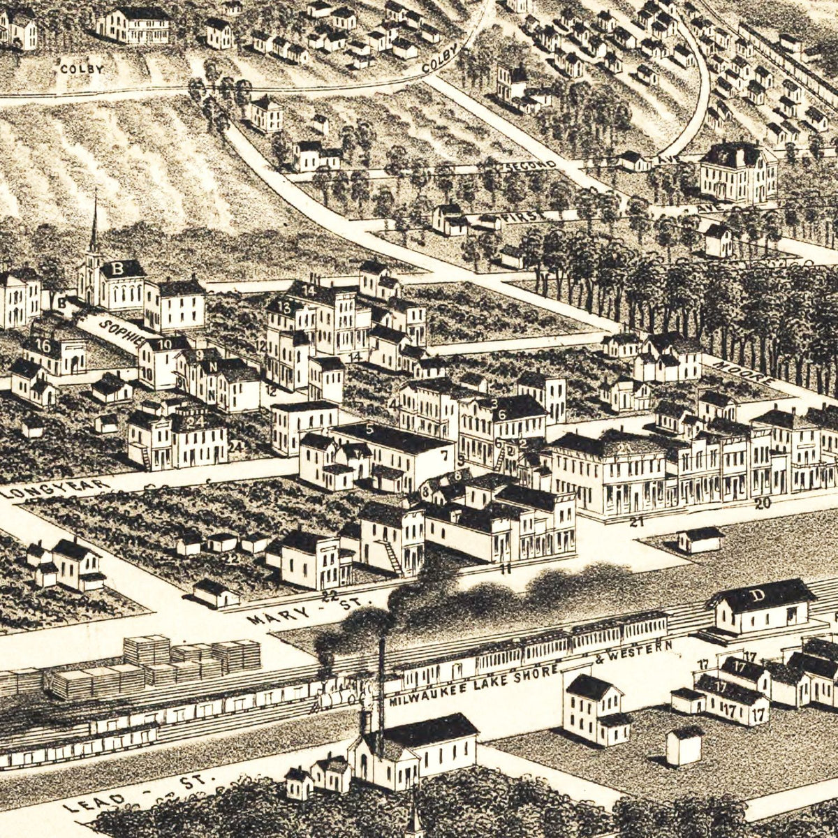 Restored historic details from the 1886 city map of Bessemer, Michigan