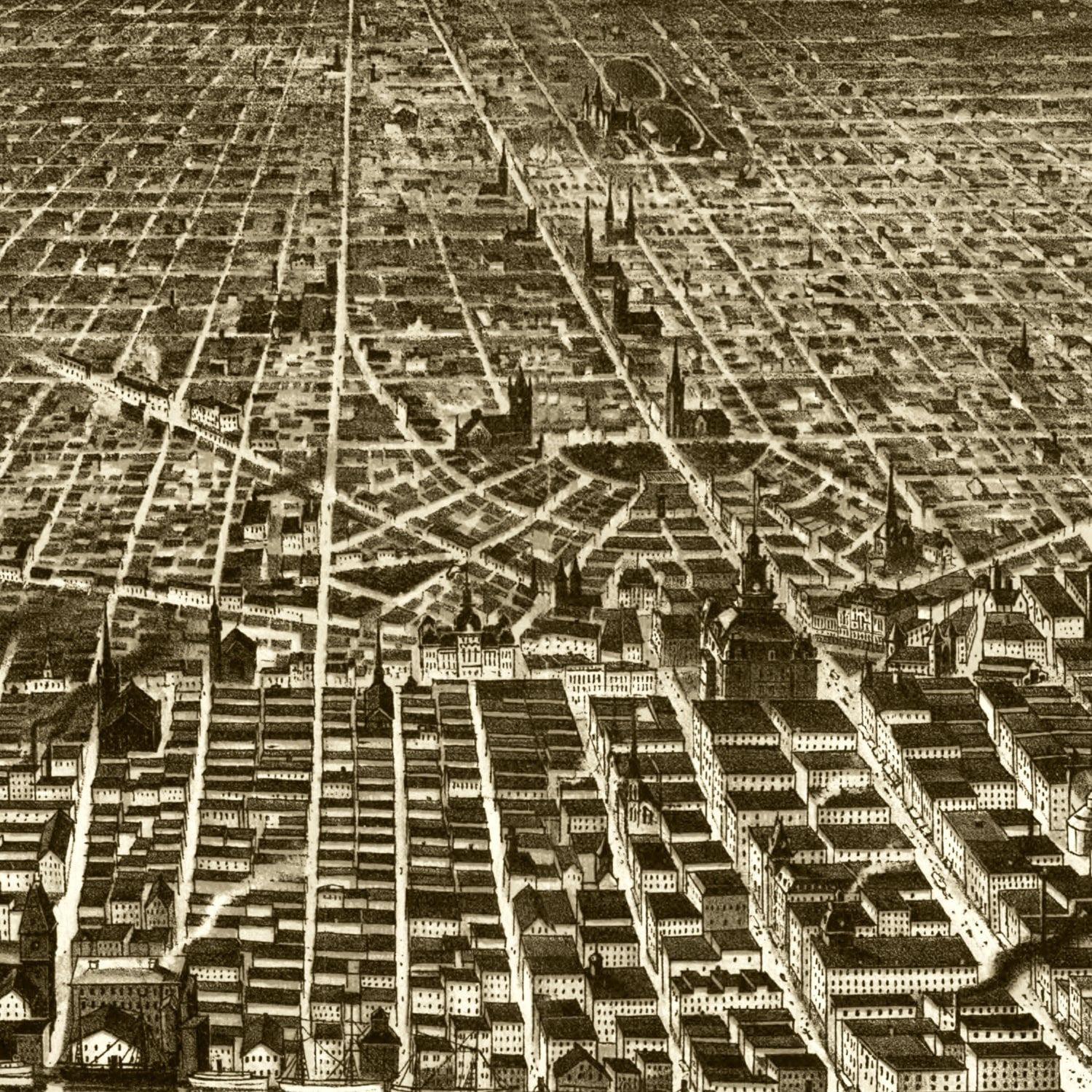 Restored historic details from the 1889 city map of Detroit, Michigan
