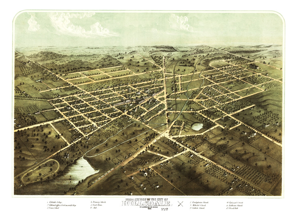 Vintage Map of Hillsdale, Michigan 1866 print style example