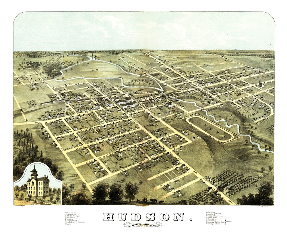 Vintage Map of Hudson, Michigan 1868 print style example