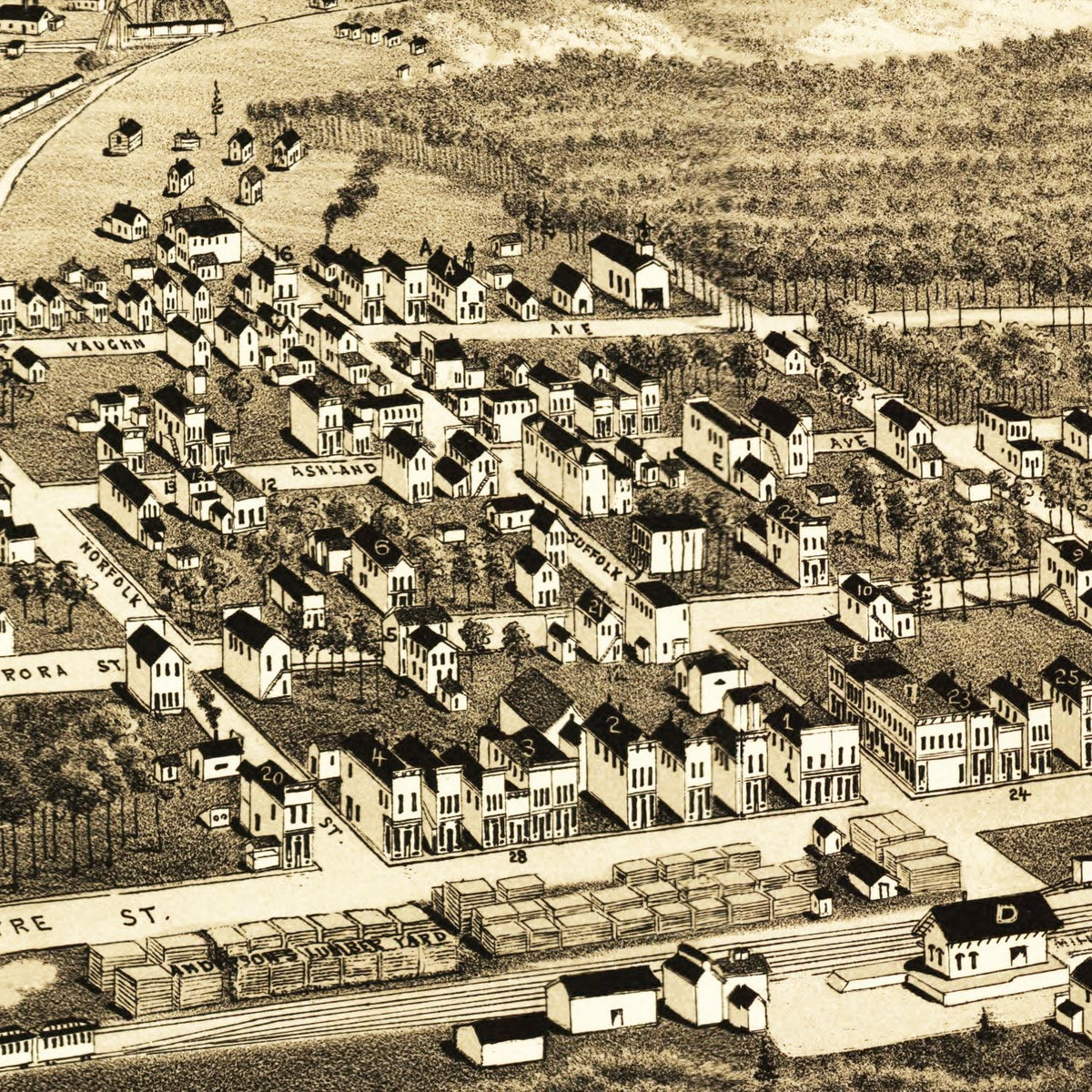 Restored historic details from the 1886 city map of Ironwood, Michigan