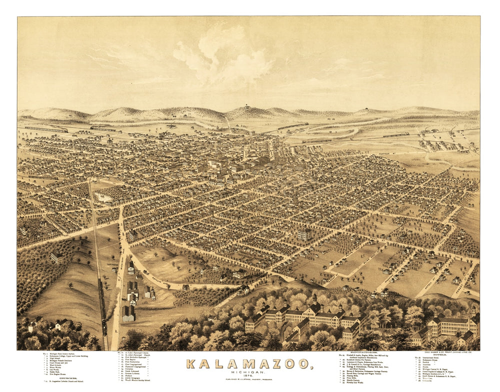 Vintage Map of Kalamazoo, Michigan 1874 print style example