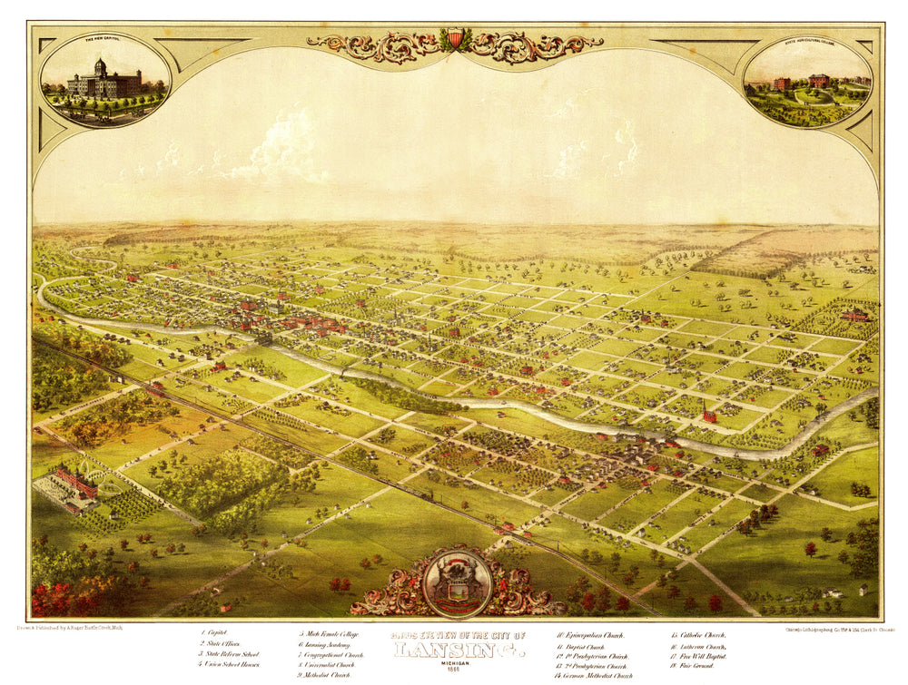 Vintage Map of Lansing, Michigan 1866 print style example