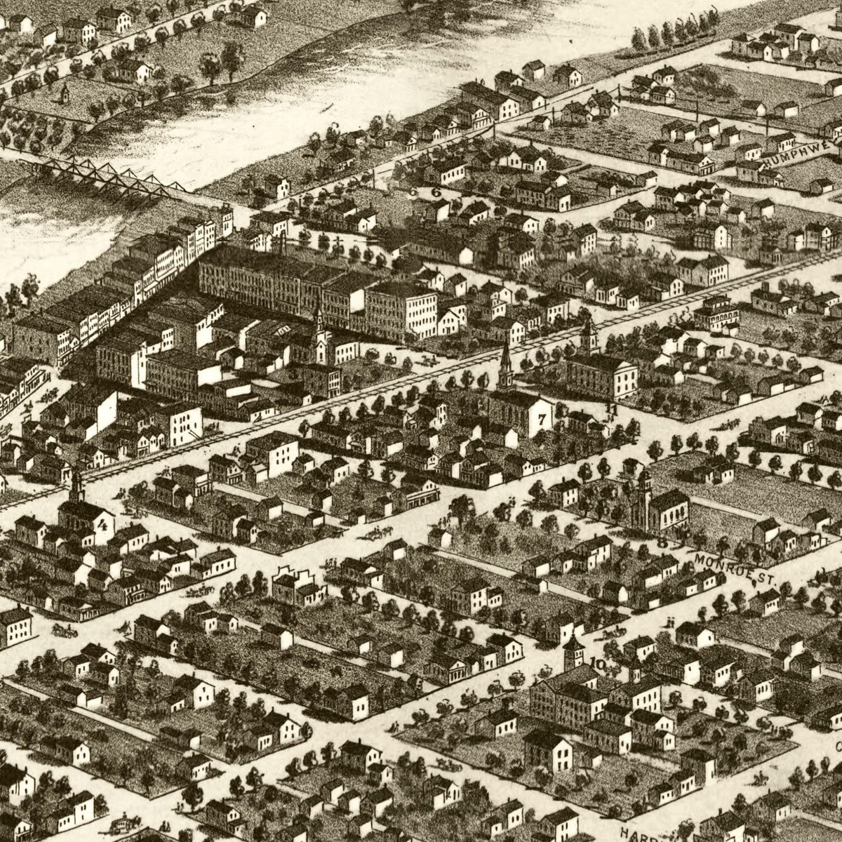 Restored historic details from the 1866 city map of Monroe, Michigan