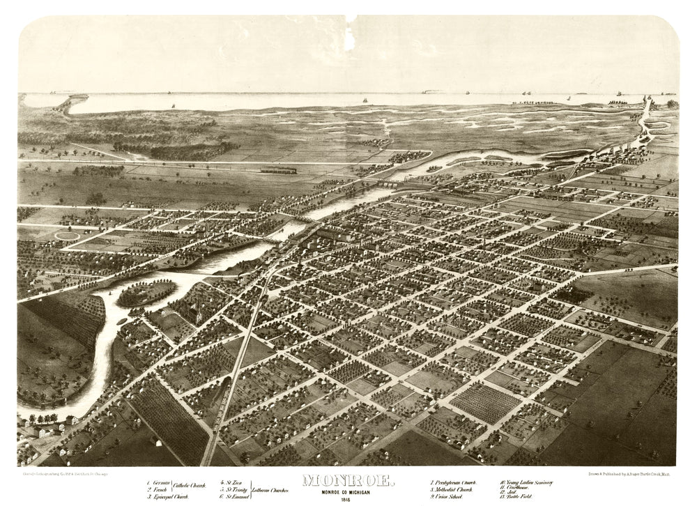 Vintage Map of Monroe, Michigan 1866 print style example
