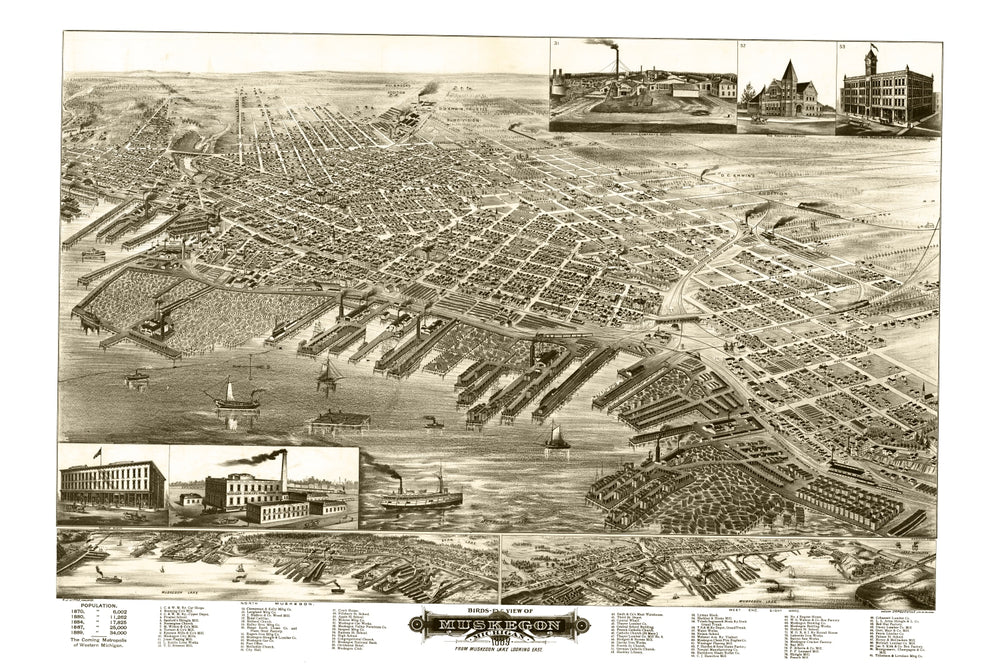 Vintage Map of Muskegon, Michigan 1889 print style example
