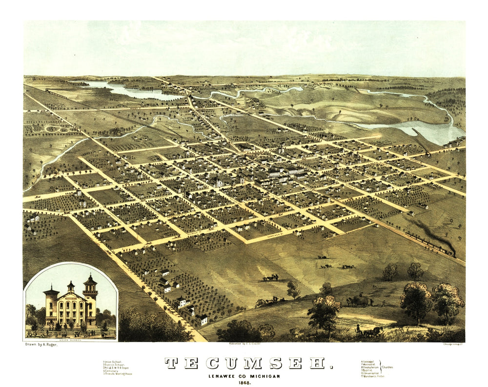 Vintage Map of Tecumseh, Michigan 1868 print style example