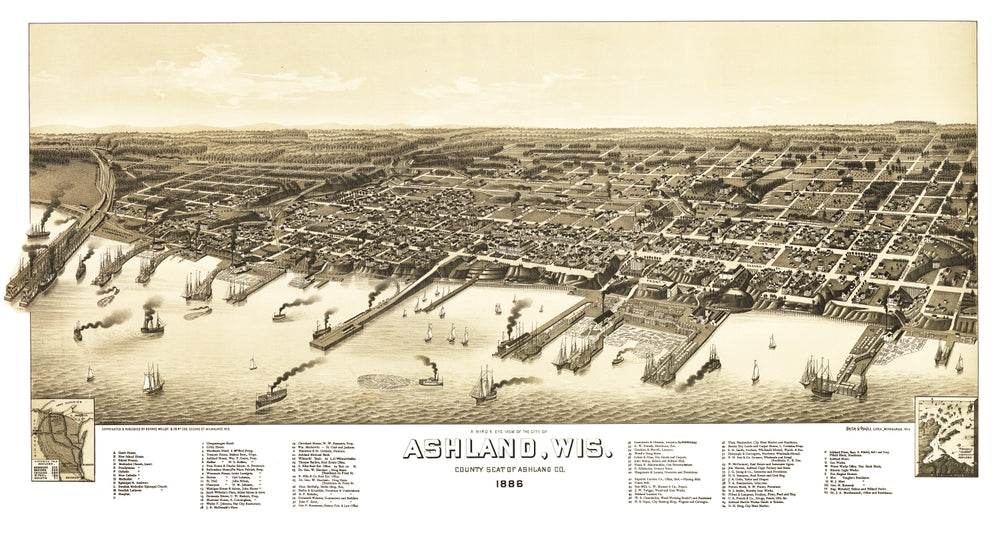 Vintage Map of Ashland, Wisconsin 1886 print style example