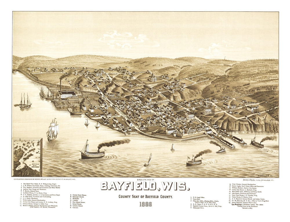Vintage Map of Bayfield, Wisconsin 1886 print style example