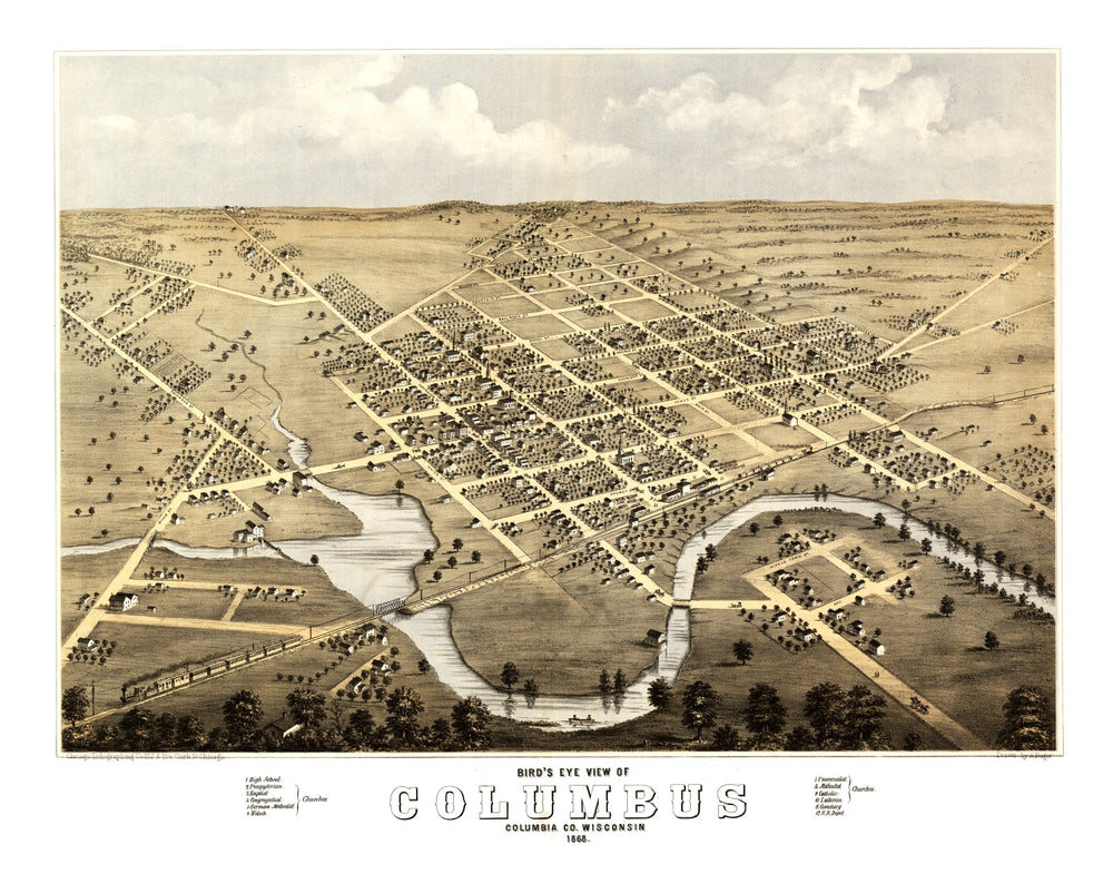 Vintage Map of Columbus, Wisconsin 1868 print style example