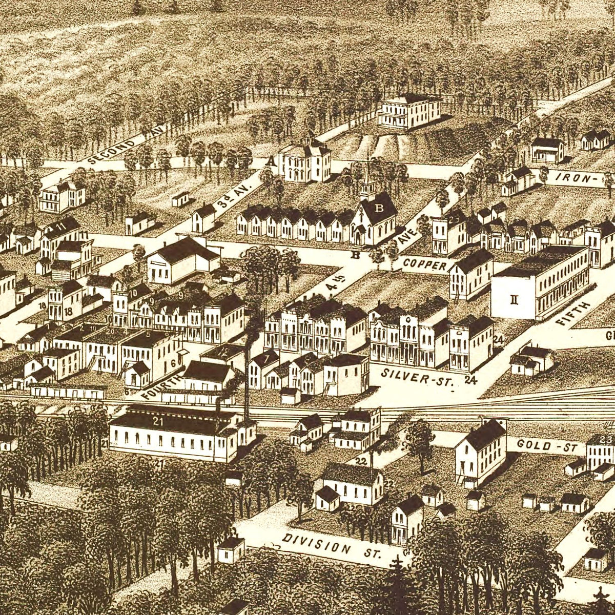Restored historic details from the 1886 city map of Hurley, Wisconsin