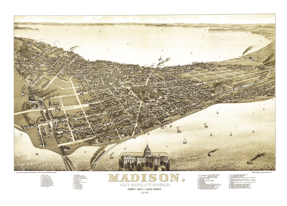 Vintage Map of Madison, Wisconsin 1885 print style example