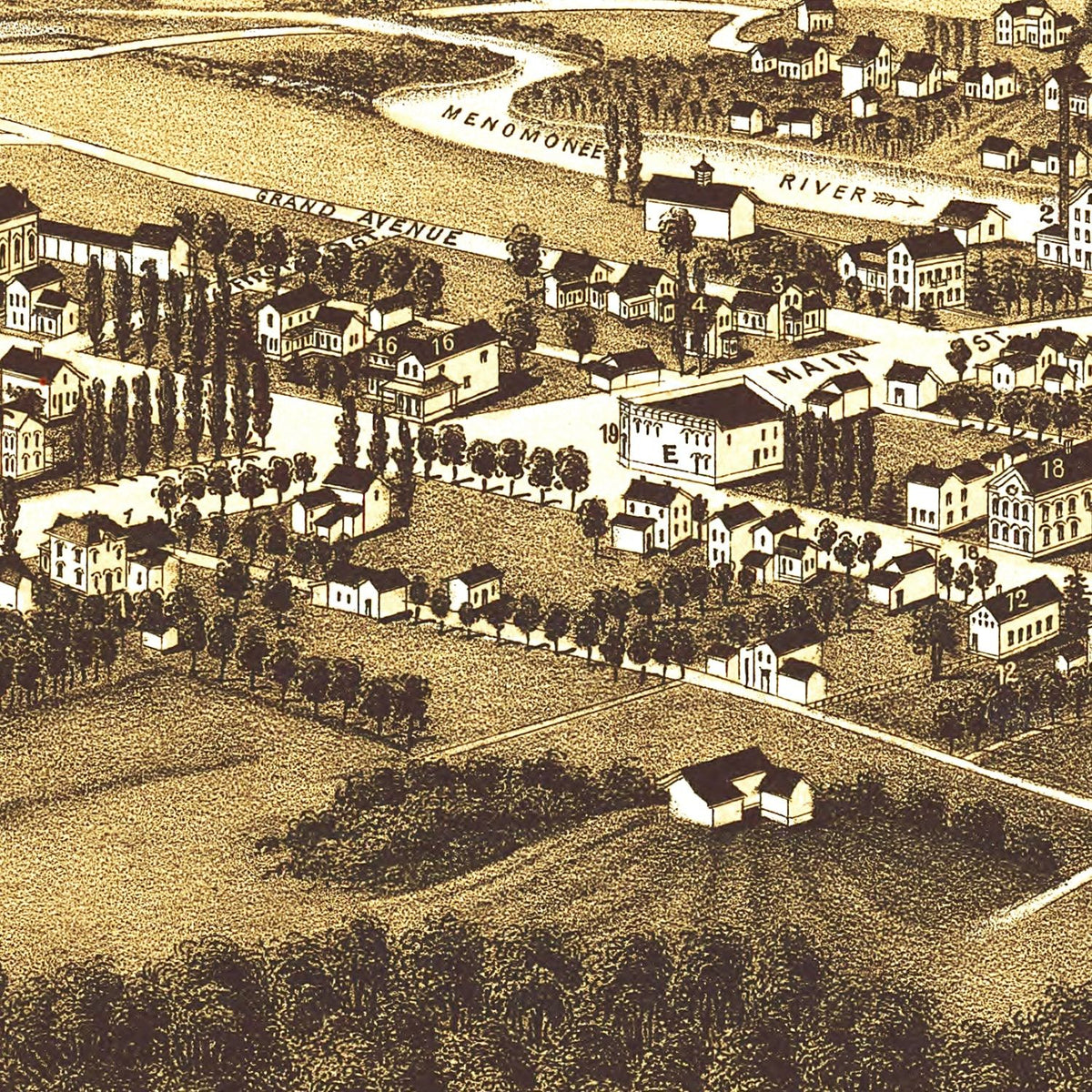 Restored historic details from the 1886 city map of Menomonee Falls, Wisconsin