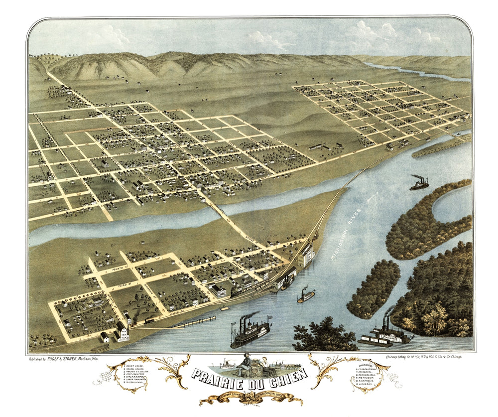 Vintage Map of Prairie du Chien, Wisconsin 1870 print style example