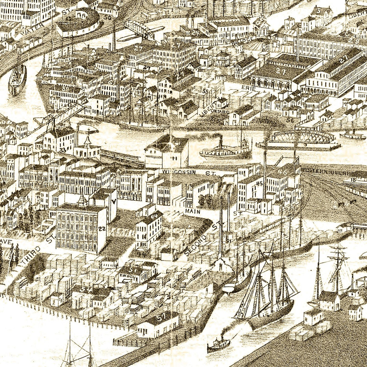 Restored historic details from the 1883 city map of Racine, Wisconsin