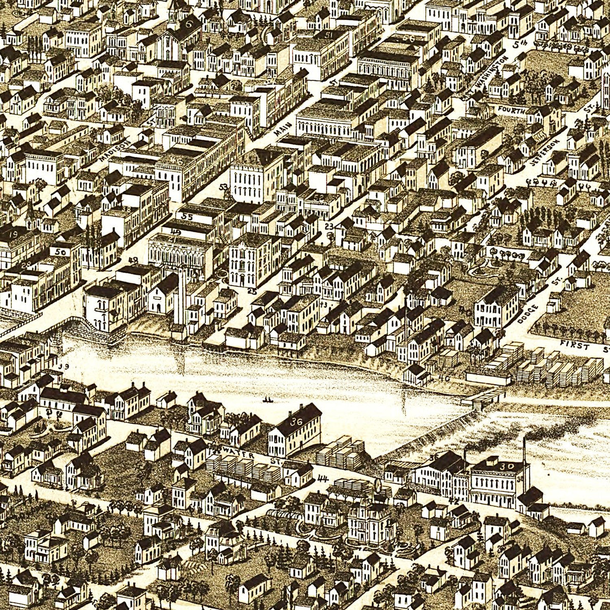 Restored historic details from the 1885 city map of Watertown, Wisconsin