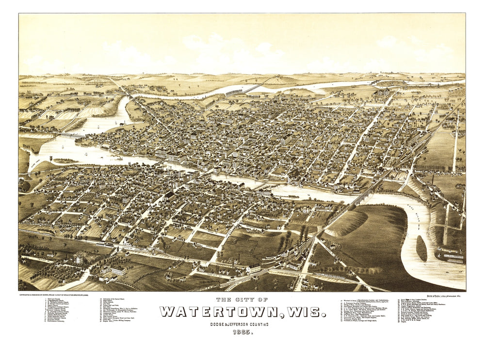 Vintage Map of Watertown, Wisconsin 1885 print style example