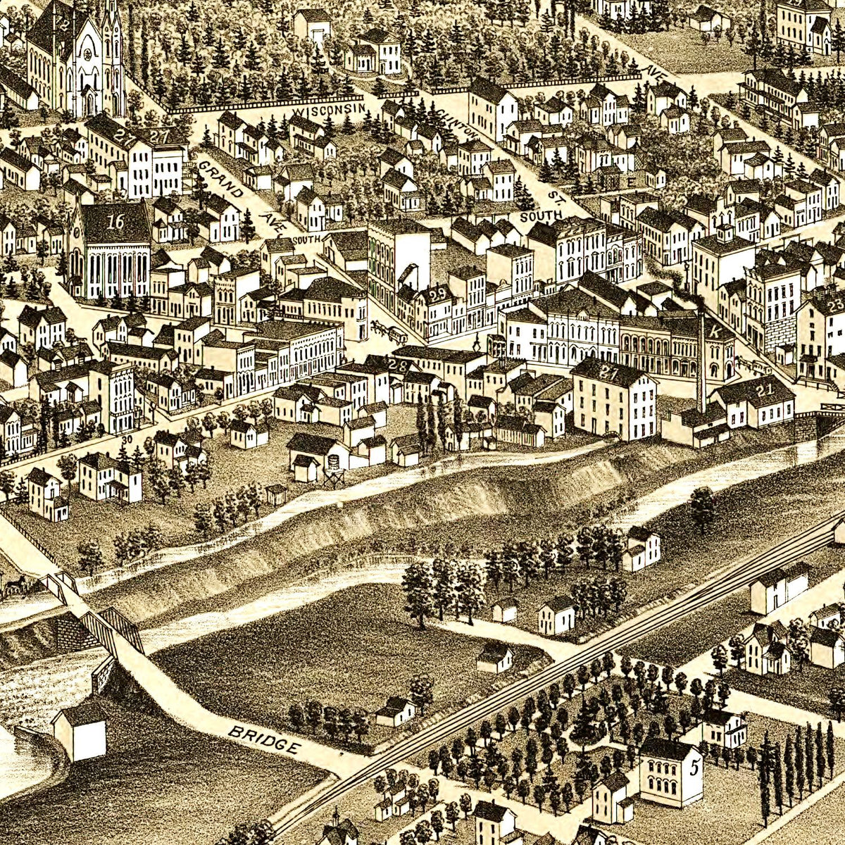 Restored historic details from the 1880 city map of Waukesha, Wisconsin