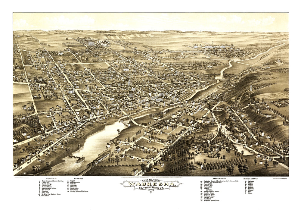 Vintage Map of Waukesha, Wisconsin 1880 print style example