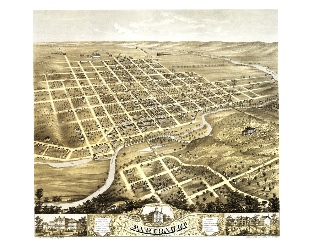 Vintage Map of Faribault, Minnesota 1869 print style example