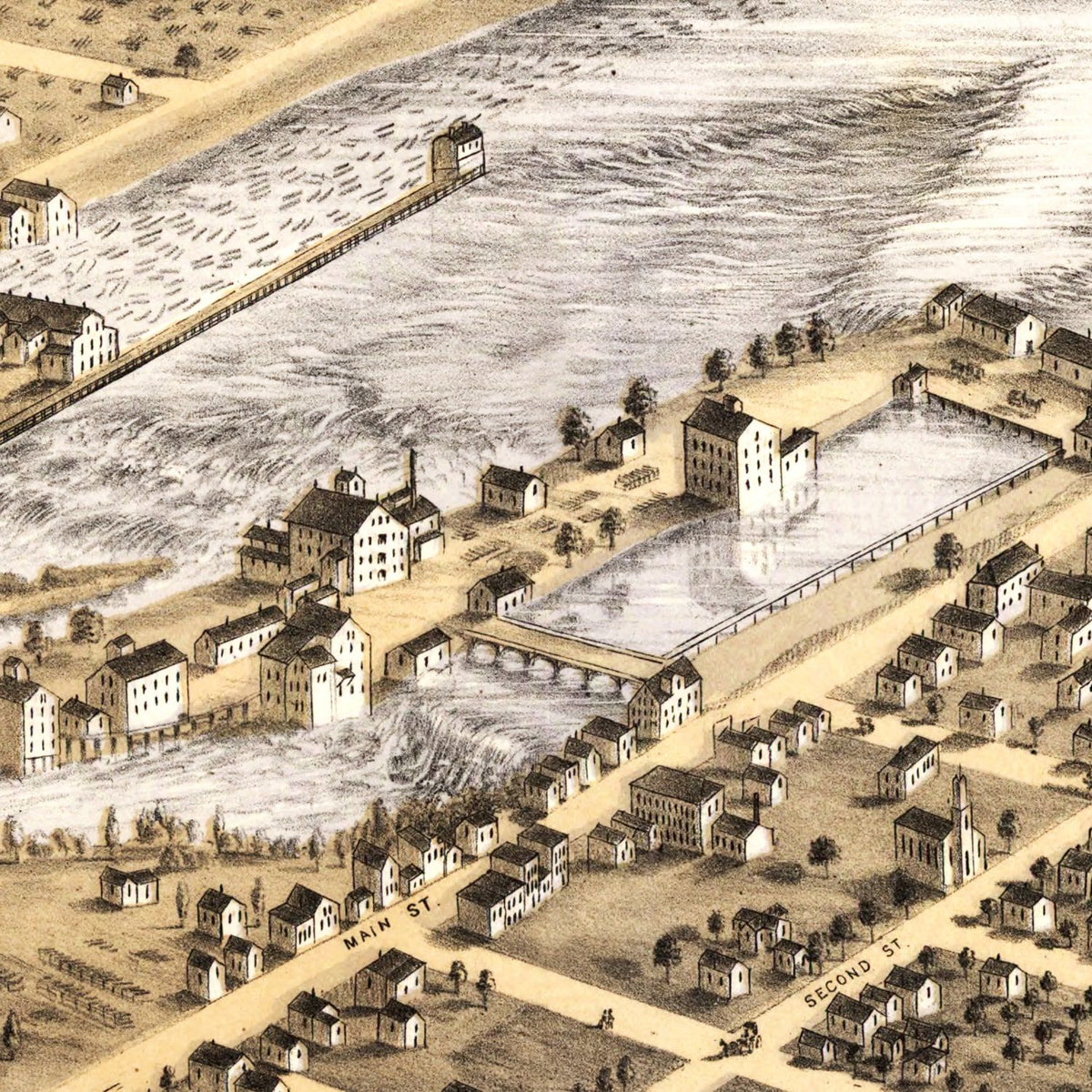 Restored historic details from the 1867 city map of Minneapolis, Minnesota