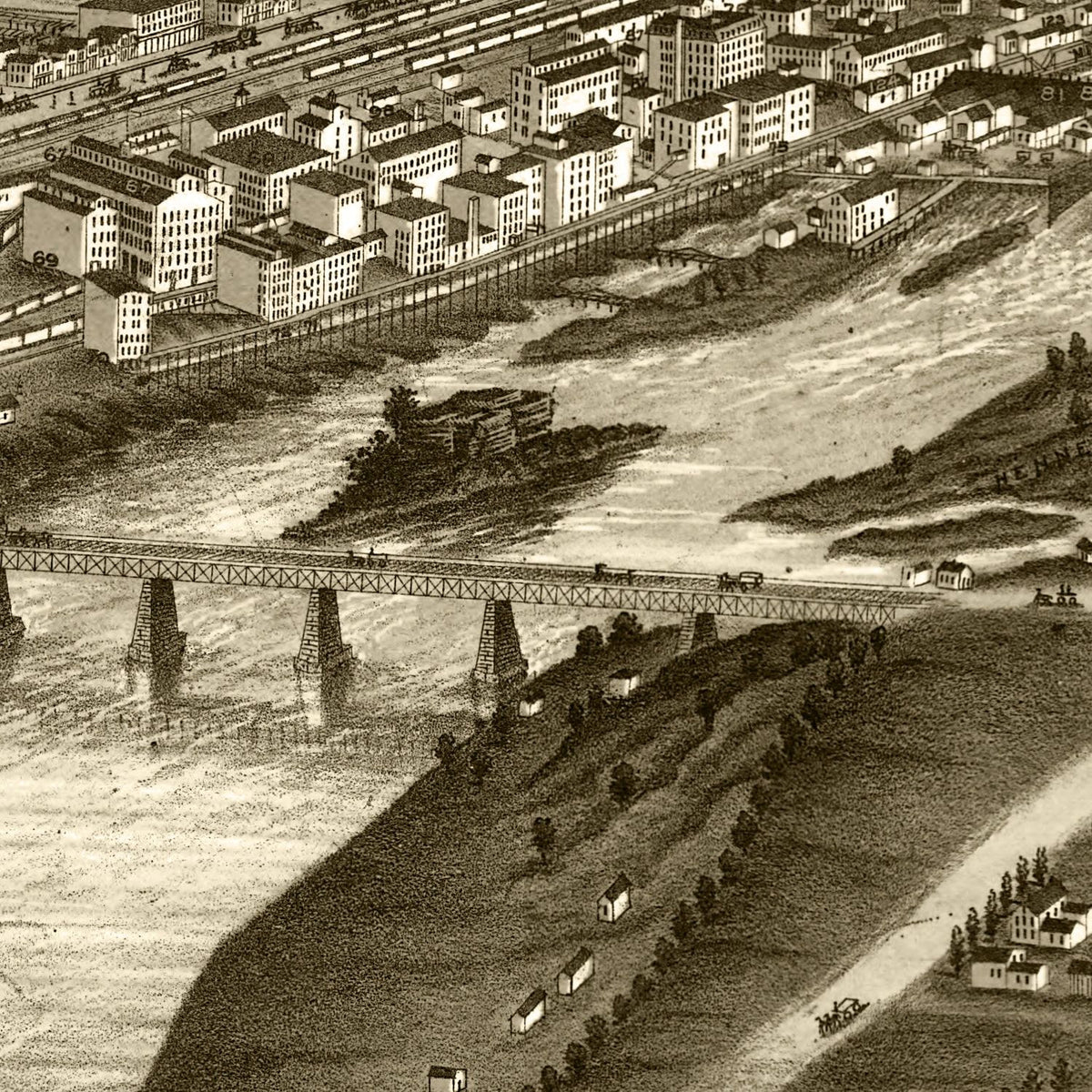 Restored historic details from the 1879 city map of Minneapolis, Minnesota
