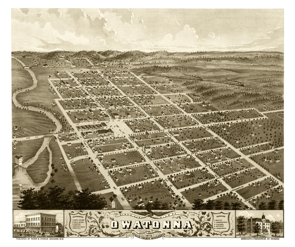 Vintage Map of Owatonna, Minnesota 1870 print style example