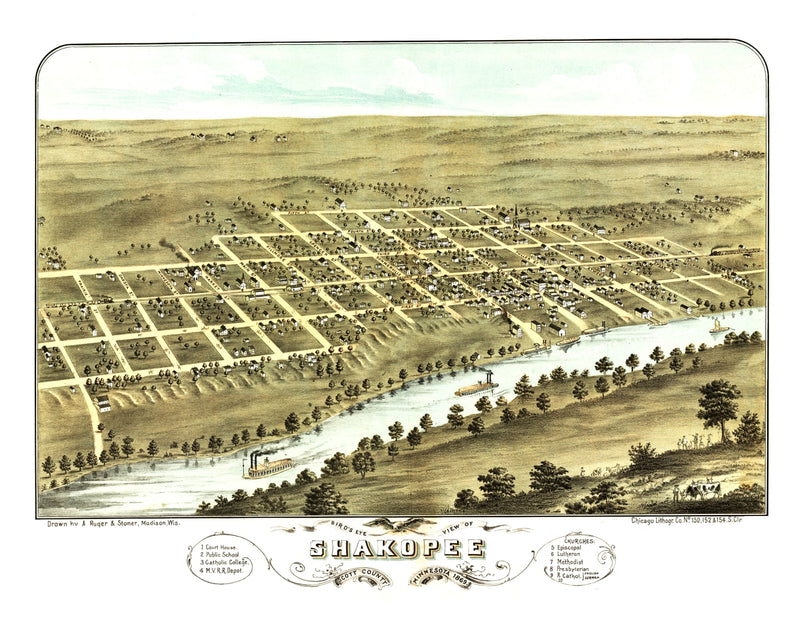 Size comparison using Vintage Map of Shakopee, Minnesota 1869