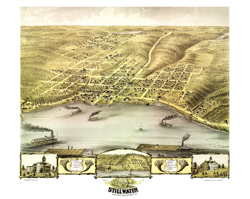 Vintage Map of Stillwater, Minnesota 1870 print style example