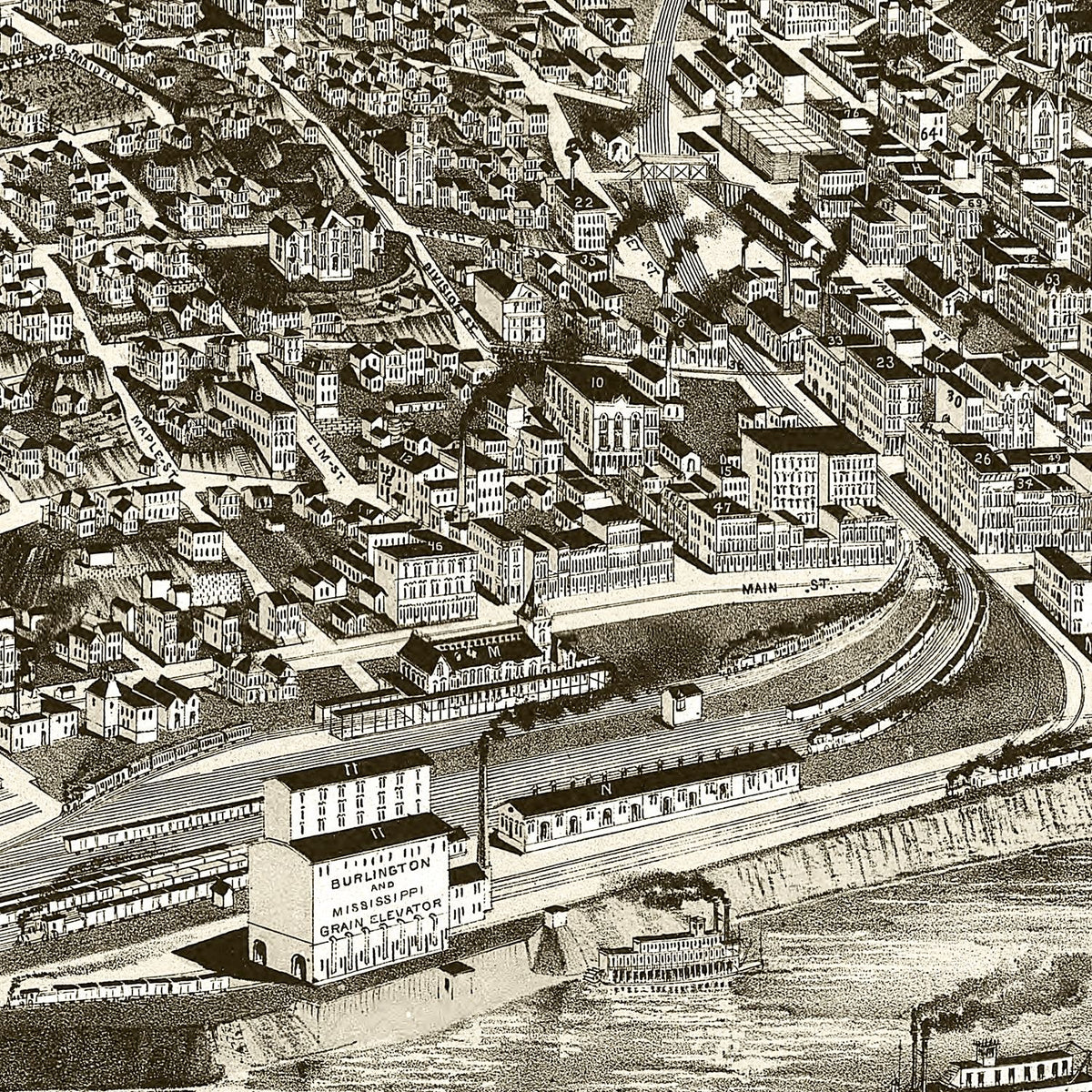 Restored historic details from the 1889 city map of Burlington, Iowa