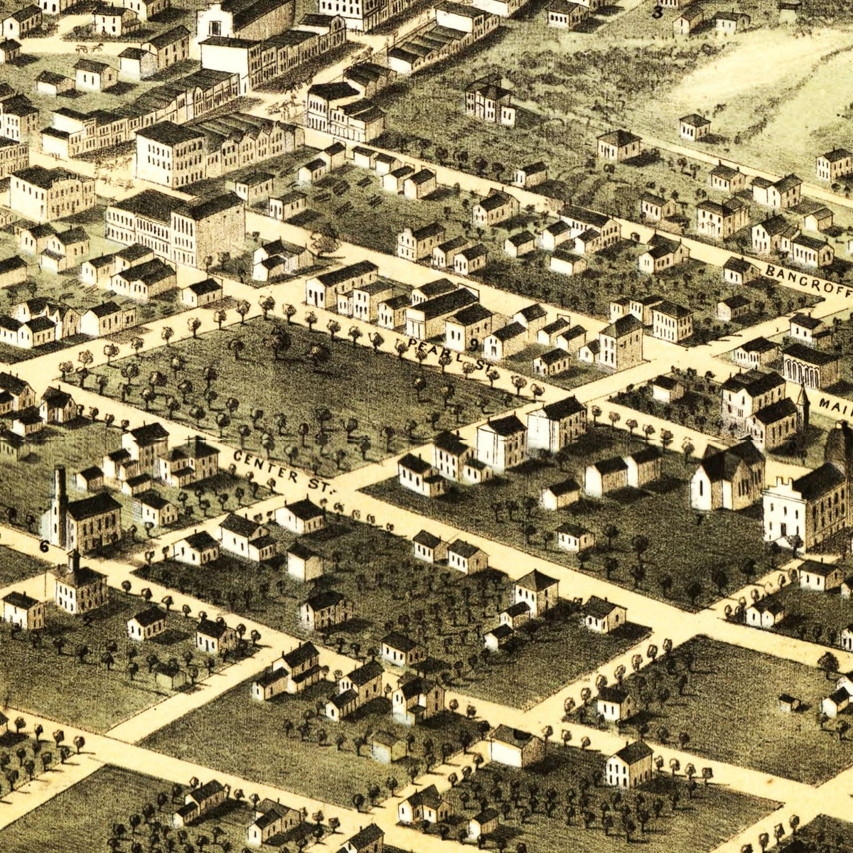 Restored historic details from the 1868 city map of Council Bluffs, Iowa