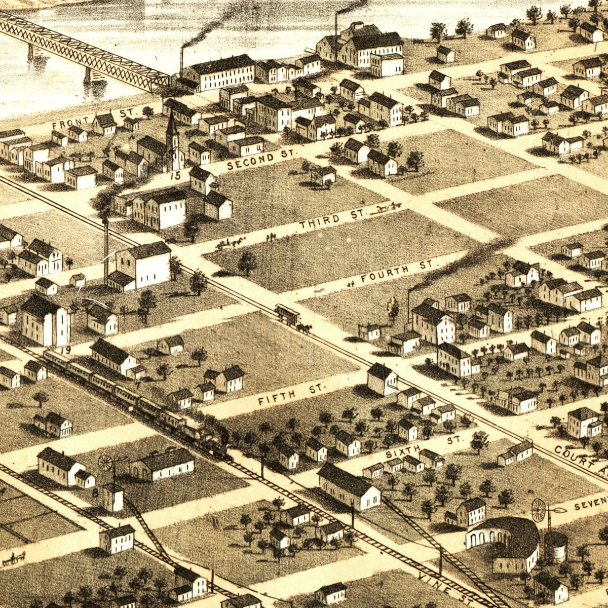 Restored historic details from the 1868 city map of Des Moines, Iowa