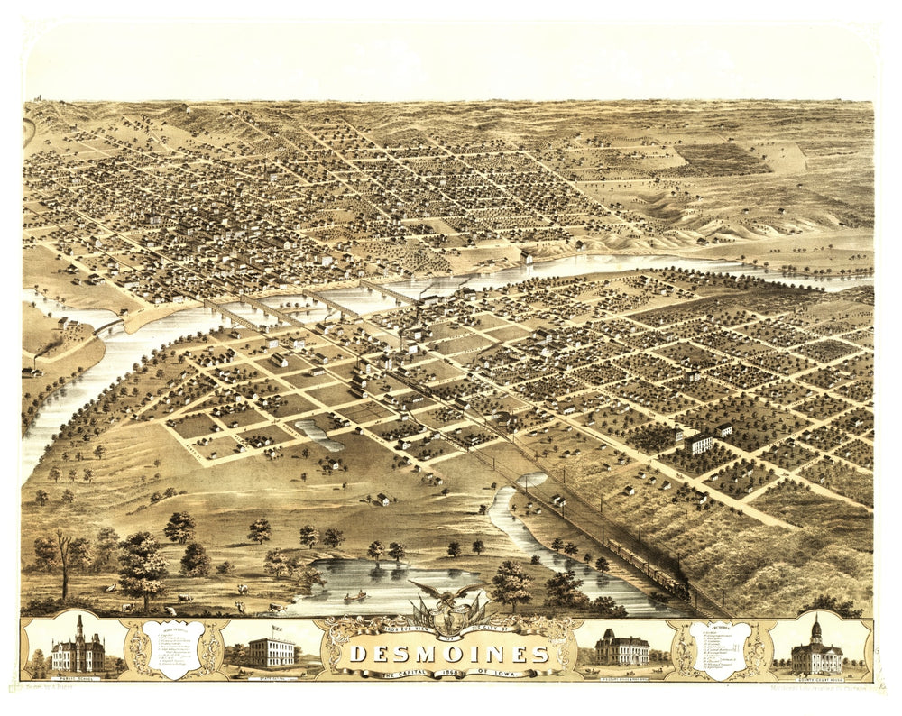 Vintage Map of Des Moines, Iowa 1868 print style example