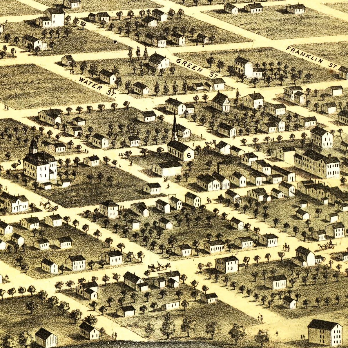 Restored historic details from the 1868 city map of Marengo, Iowa