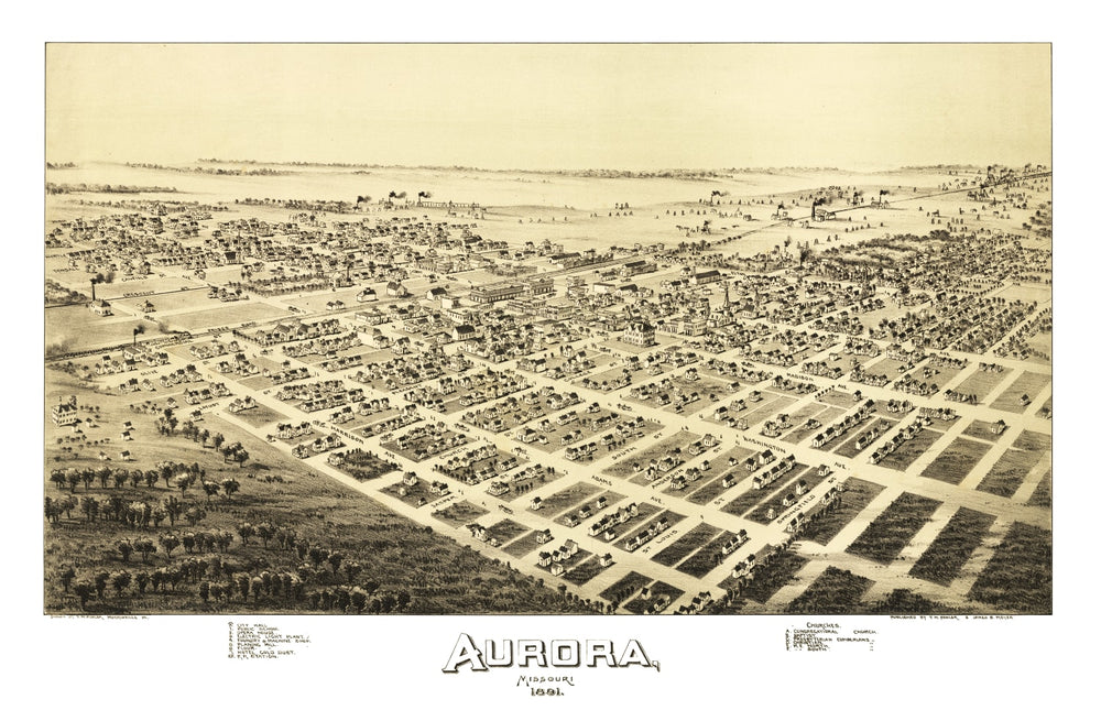 Vintage Map of Aurora, Missouri 1891 print style example