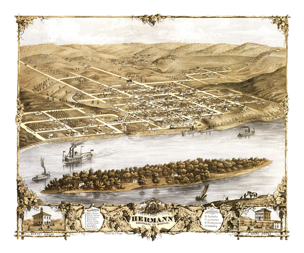 Vintage Map of Hermann, Missouri 1869 print style example