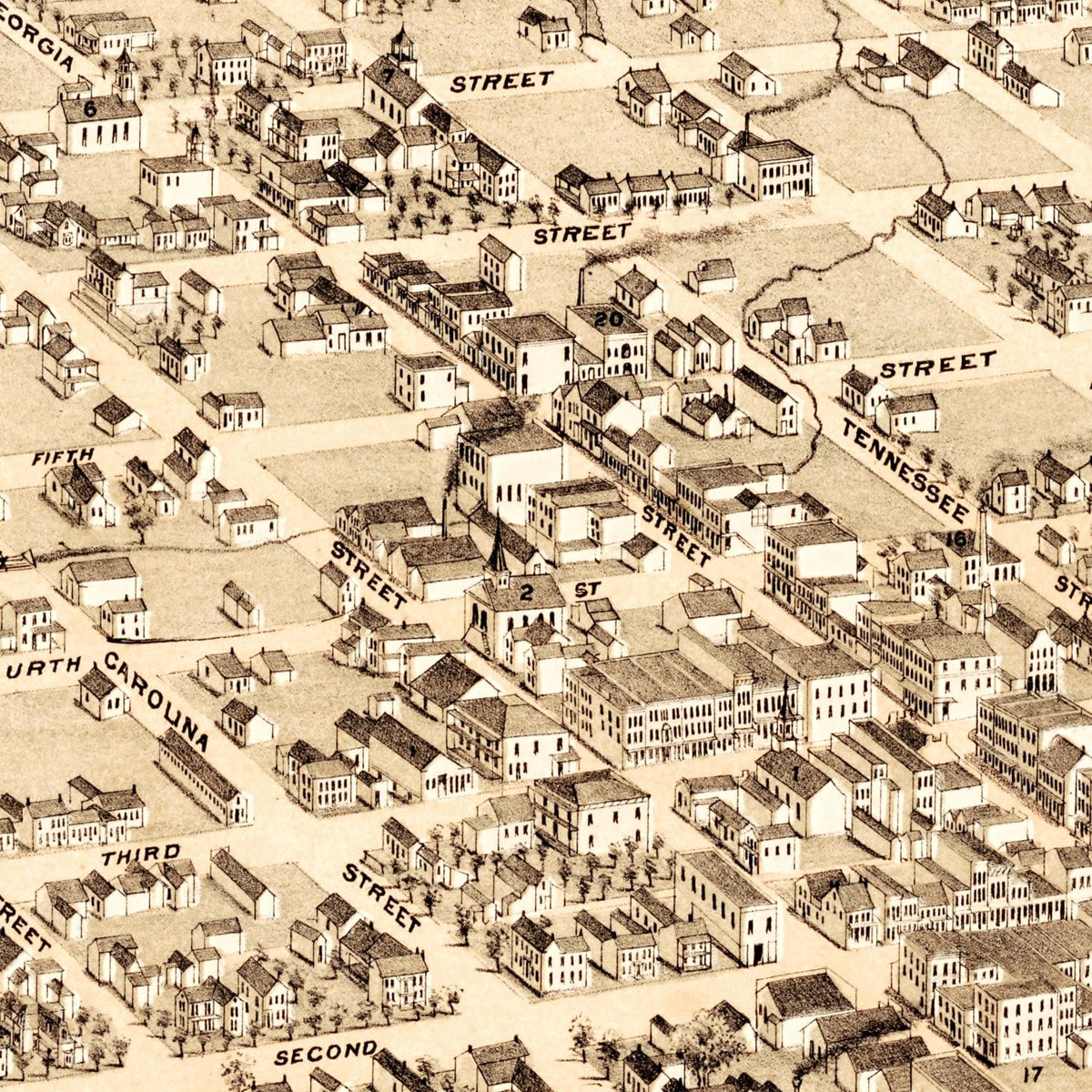 Restored historic details from the 1876 city map of Louisiana, Missouri