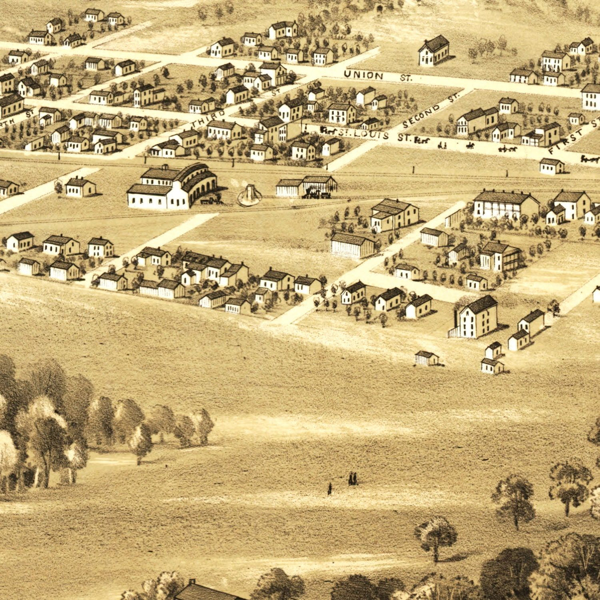 Restored historic details from the 1869 city map of Pacific, Missouri